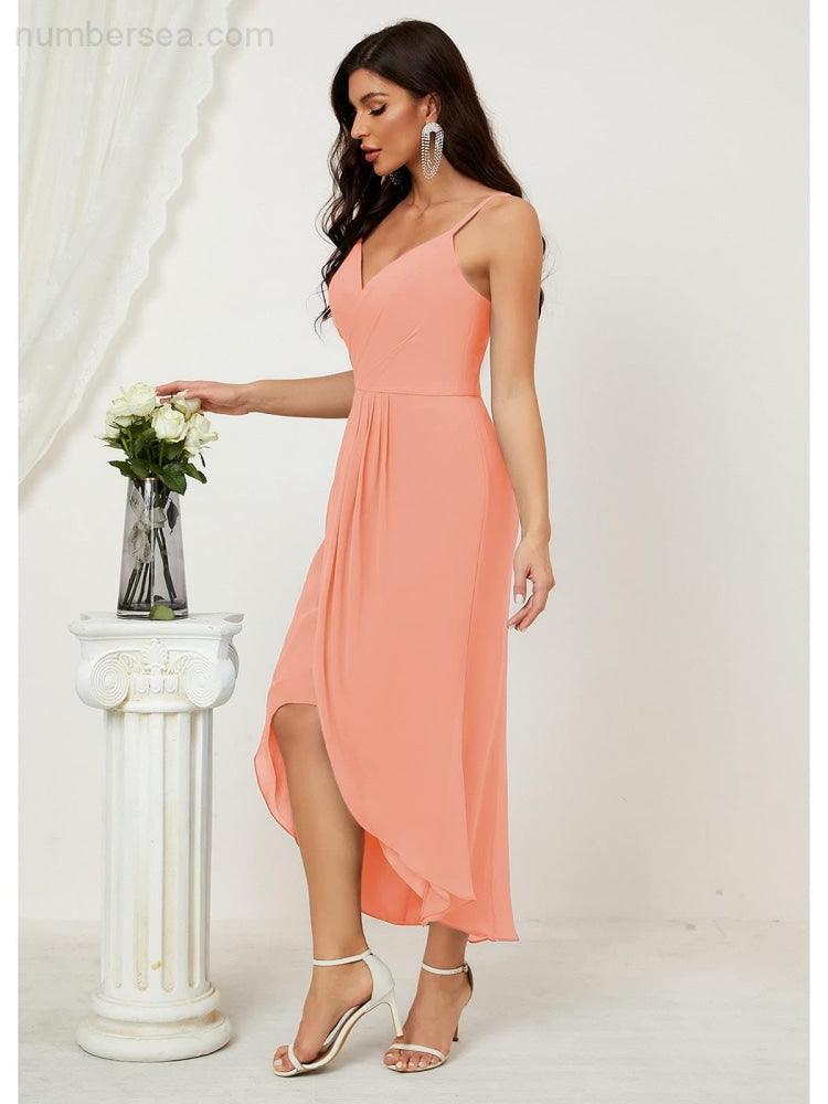 Numbersea Spaghetti Chiffon V Neck Bridesmaid Dress Mid-Length Slit Formal Prom Dress Homecoming Dress 2803