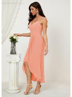 Numbersea Spaghetti Chiffon V Neck Bridesmaid Dress Mid-Length Slit Formal Prom Dress Homecoming Dress 2803