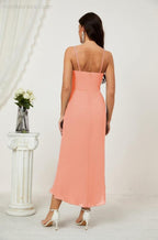 Numbersea Spaghetti Chiffon V Neck Bridesmaid Dress Mid-Length Slit Formal Prom Dress Homecoming Dress 2803