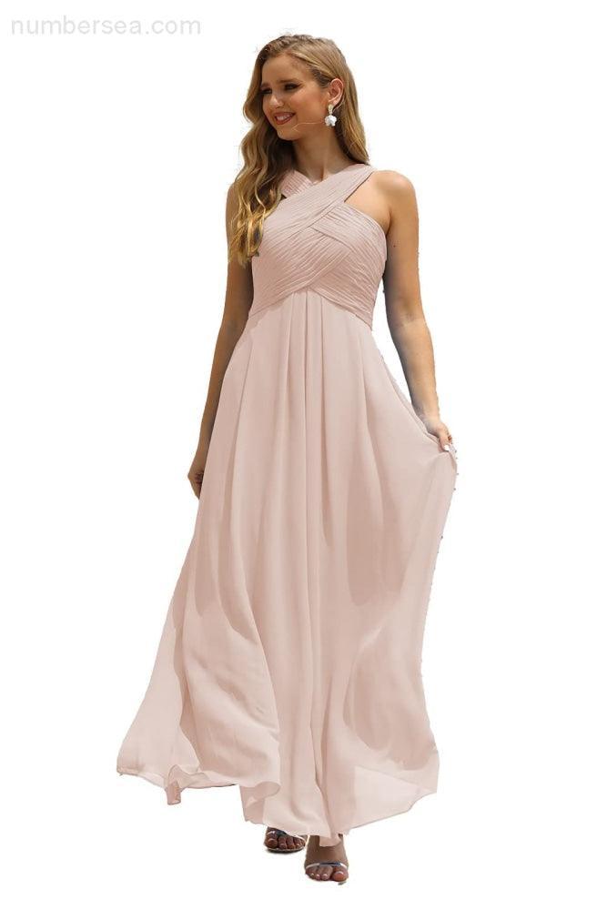 Numbersea Women Halter Chiffon Bridesmaid Dress A-line Long Formal Prom Gown SEA28015
