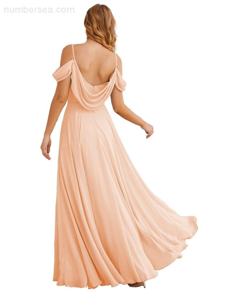 Numbersea Cold Shoulder Chiffon Bridesmaid Dresses Long Maxi Formal Prom Gowns for Women Party  SEA28059