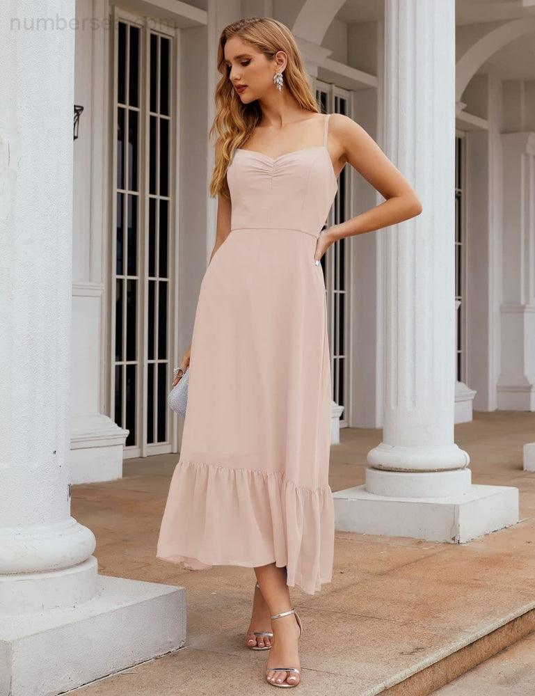 Numbersea  Spaghetti Strap Chiffon Bridesmaid Dress Ankle Length Formal A Line Cocktail Party Homecoming Dress for Juniors  SEA28028