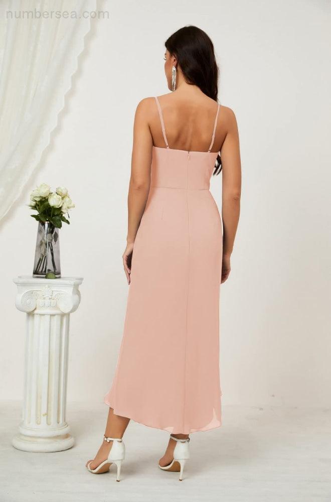 Numbersea Spaghetti Chiffon V Neck Bridesmaid Dress Mid-Length Slit Formal Prom Dress Homecoming Dress 2803