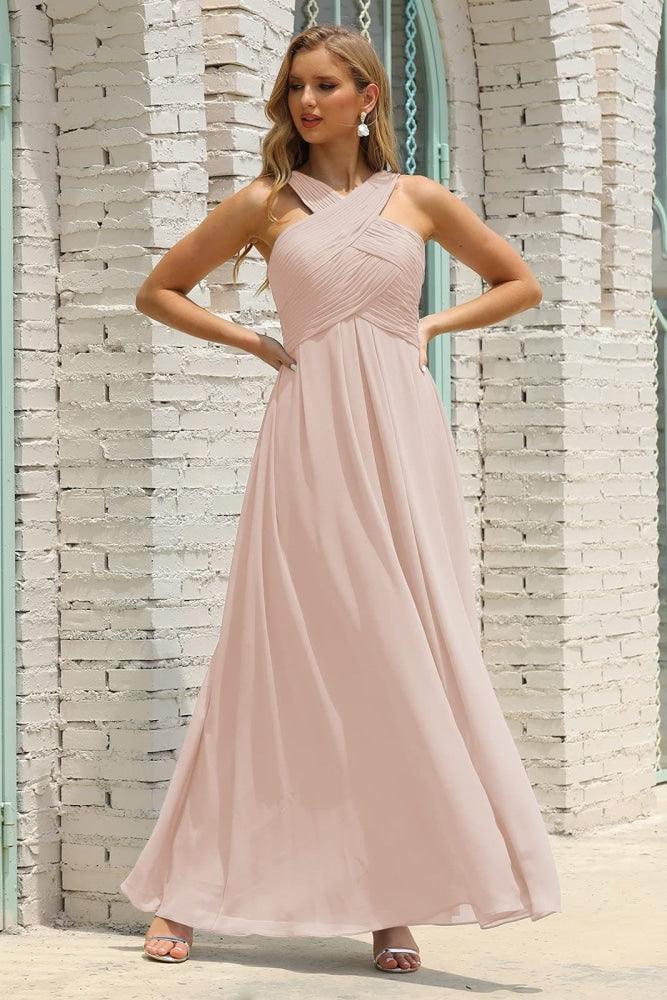 Numbersea Women Halter Chiffon Bridesmaid Dress A-line Long Formal Prom Gown SEA28015