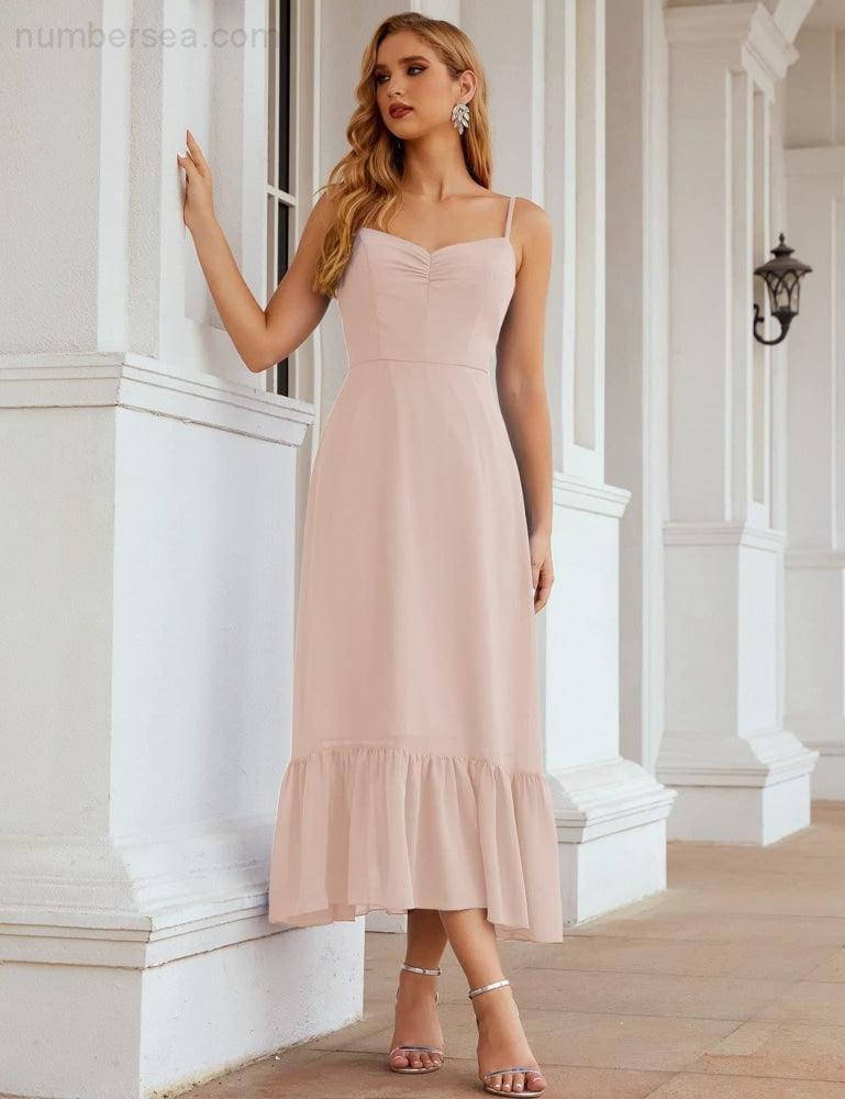 Numbersea  Spaghetti Strap Chiffon Bridesmaid Dress Ankle Length Formal A Line Cocktail Party Homecoming Dress for Juniors  SEA28028