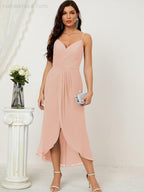 Numbersea Spaghetti Chiffon V Neck Bridesmaid Dress Mid-Length Slit Formal Prom Dress Homecoming Dress 2803