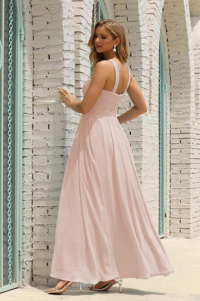 Numbersea Women Halter Chiffon Bridesmaid Dress A-line Long Formal Prom Gown SEA28015
