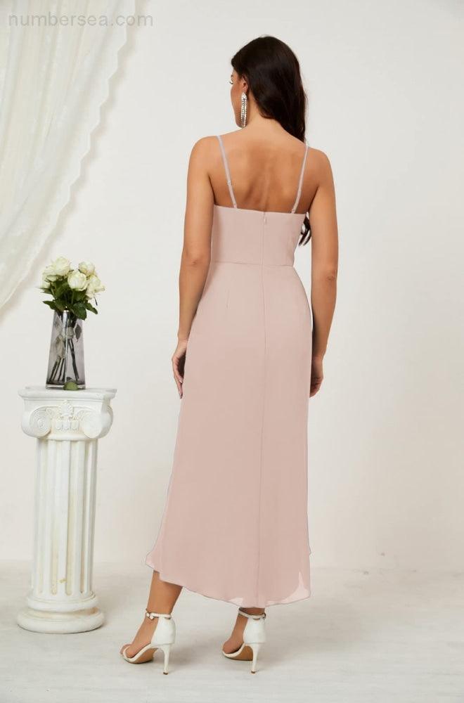 Numbersea Spaghetti Chiffon V Neck Bridesmaid Dress Mid-Length Slit Formal Prom Dress Homecoming Dress 2803