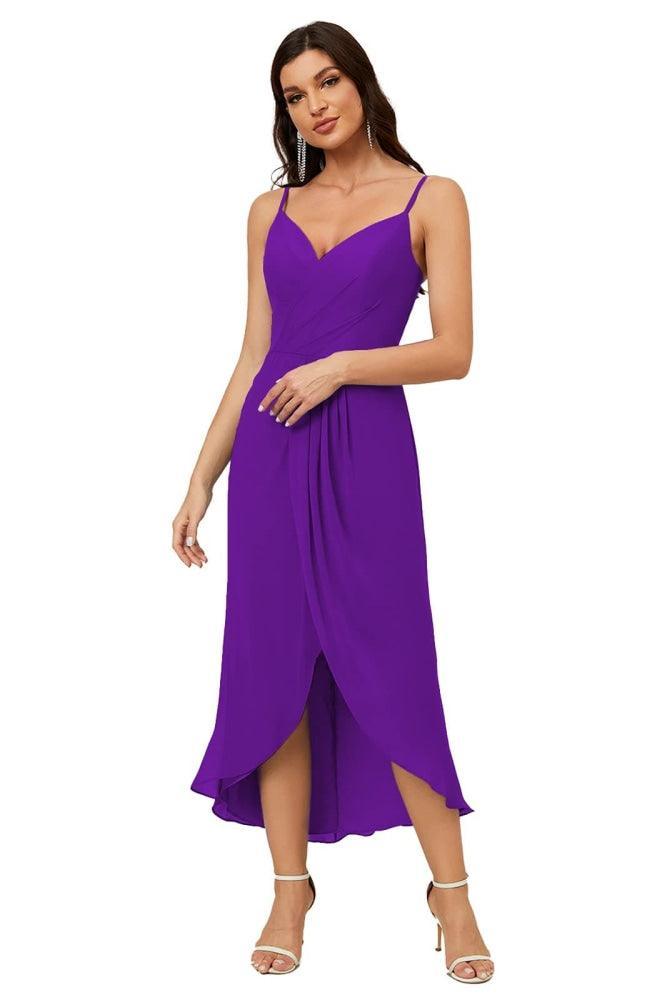Numbersea Spaghetti Chiffon V Neck Bridesmaid Dress Mid-Length Slit Formal Prom Dress Homecoming Dress 2803