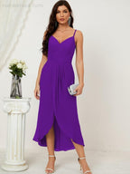 Numbersea Spaghetti Chiffon V Neck Bridesmaid Dress Mid-Length Slit Formal Prom Dress Homecoming Dress 2803