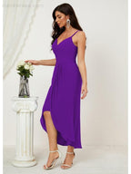 Numbersea Spaghetti Chiffon V Neck Bridesmaid Dress Mid-Length Slit Formal Prom Dress Homecoming Dress 2803