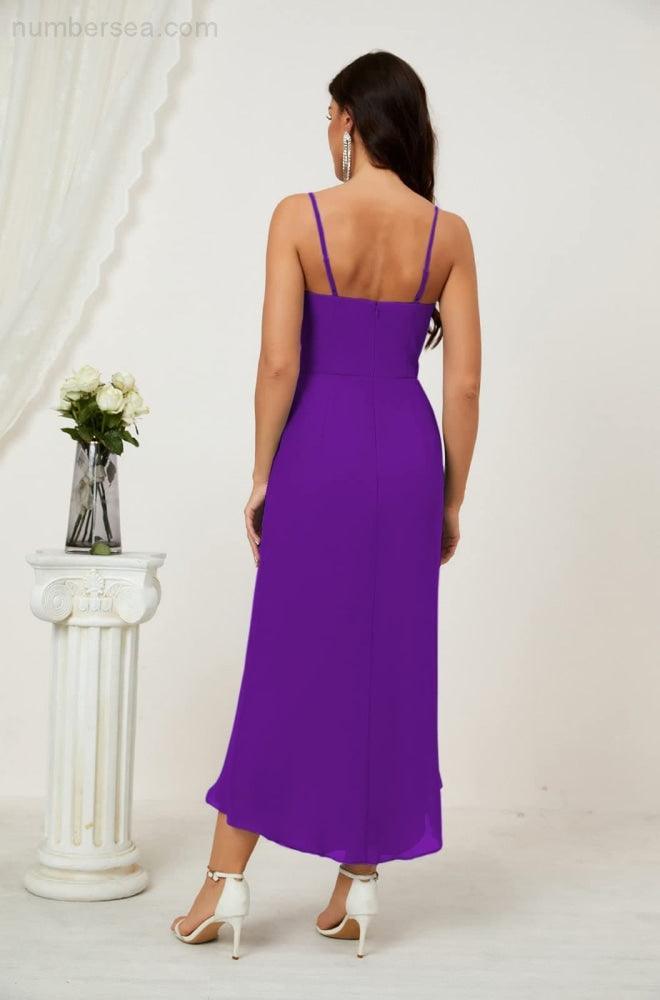 Numbersea Spaghetti Chiffon V Neck Bridesmaid Dress Mid-Length Slit Formal Prom Dress Homecoming Dress 2803