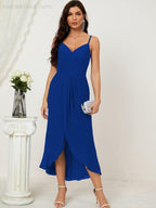 Numbersea Spaghetti Chiffon V Neck Bridesmaid Dress Mid-Length Slit Formal Prom Dress Homecoming Dress 2803