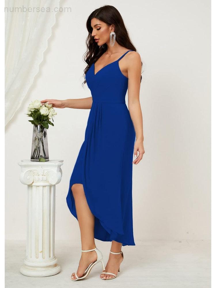 Numbersea Spaghetti Chiffon V Neck Bridesmaid Dress Mid-Length Slit Formal Prom Dress Homecoming Dress 2803