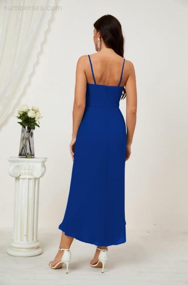 Numbersea Spaghetti Chiffon V Neck Bridesmaid Dress Mid-Length Slit Formal Prom Dress Homecoming Dress 2803