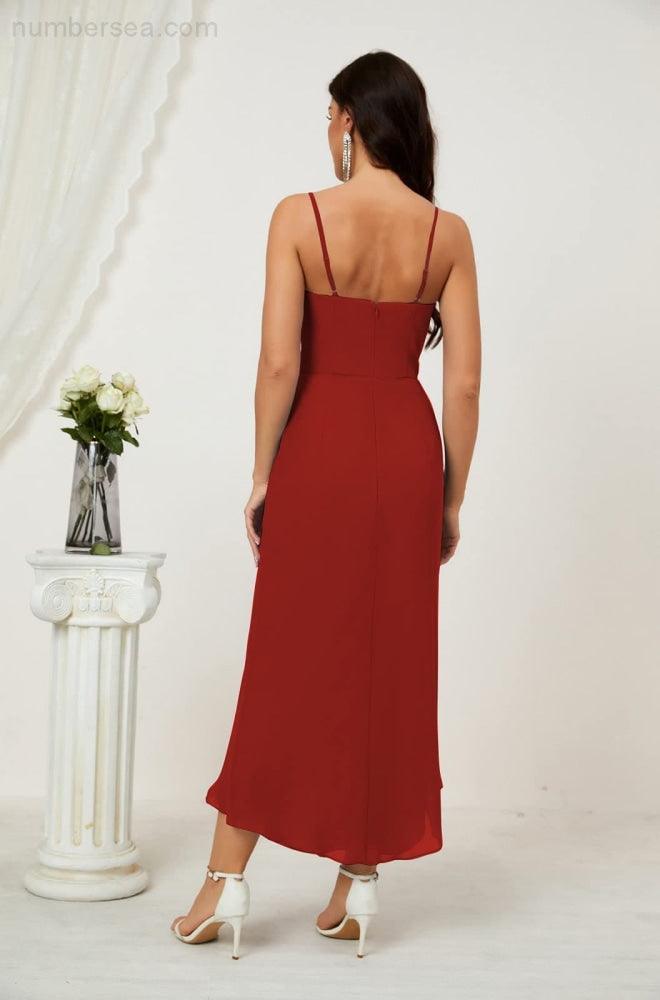 Numbersea Spaghetti Chiffon V Neck Bridesmaid Dress Mid-Length Slit Formal Prom Dress Homecoming Dress 2803
