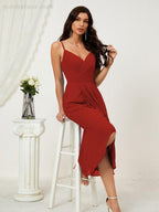 Numbersea Spaghetti Chiffon V Neck Bridesmaid Dress Mid-Length Slit Formal Prom Dress Homecoming Dress 2803