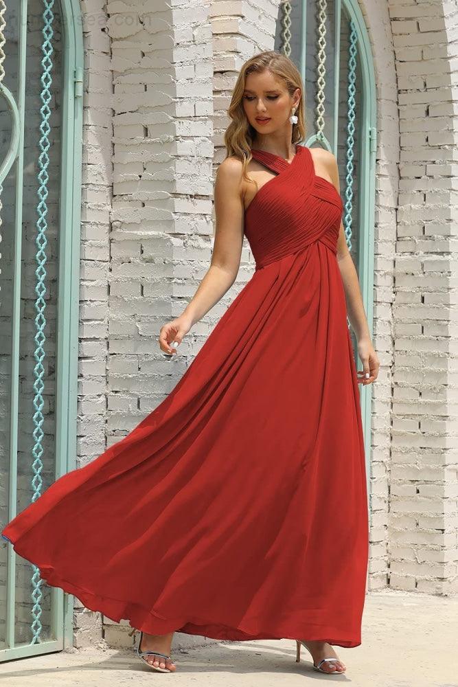Numbersea Women Halter Chiffon Bridesmaid Dress A-line Long Formal Prom Gown SEA28015