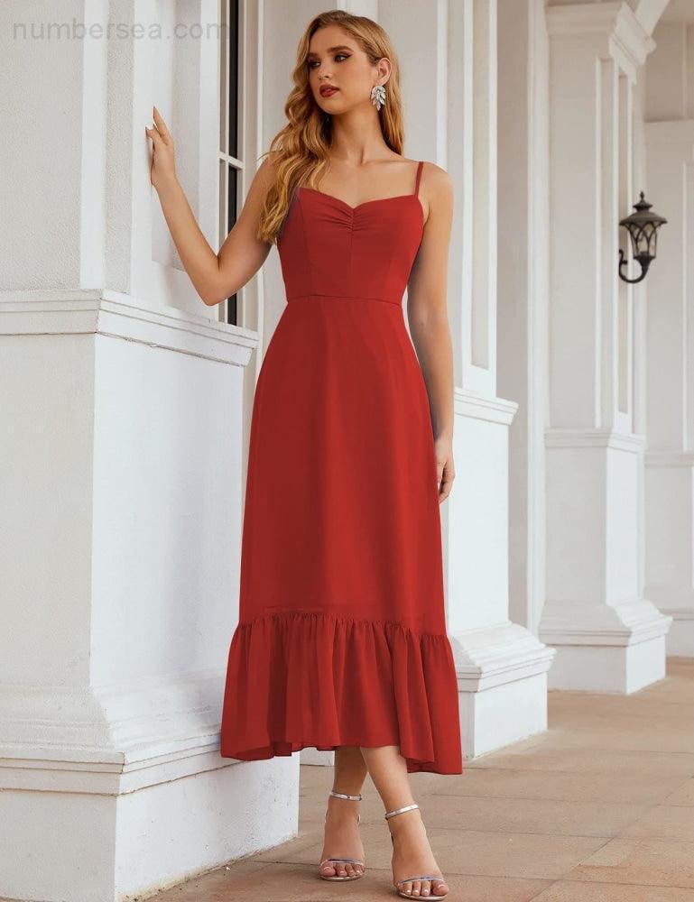 Numbersea  Spaghetti Strap Chiffon Bridesmaid Dress Ankle Length Formal A Line Cocktail Party Homecoming Dress for Juniors  SEA28028