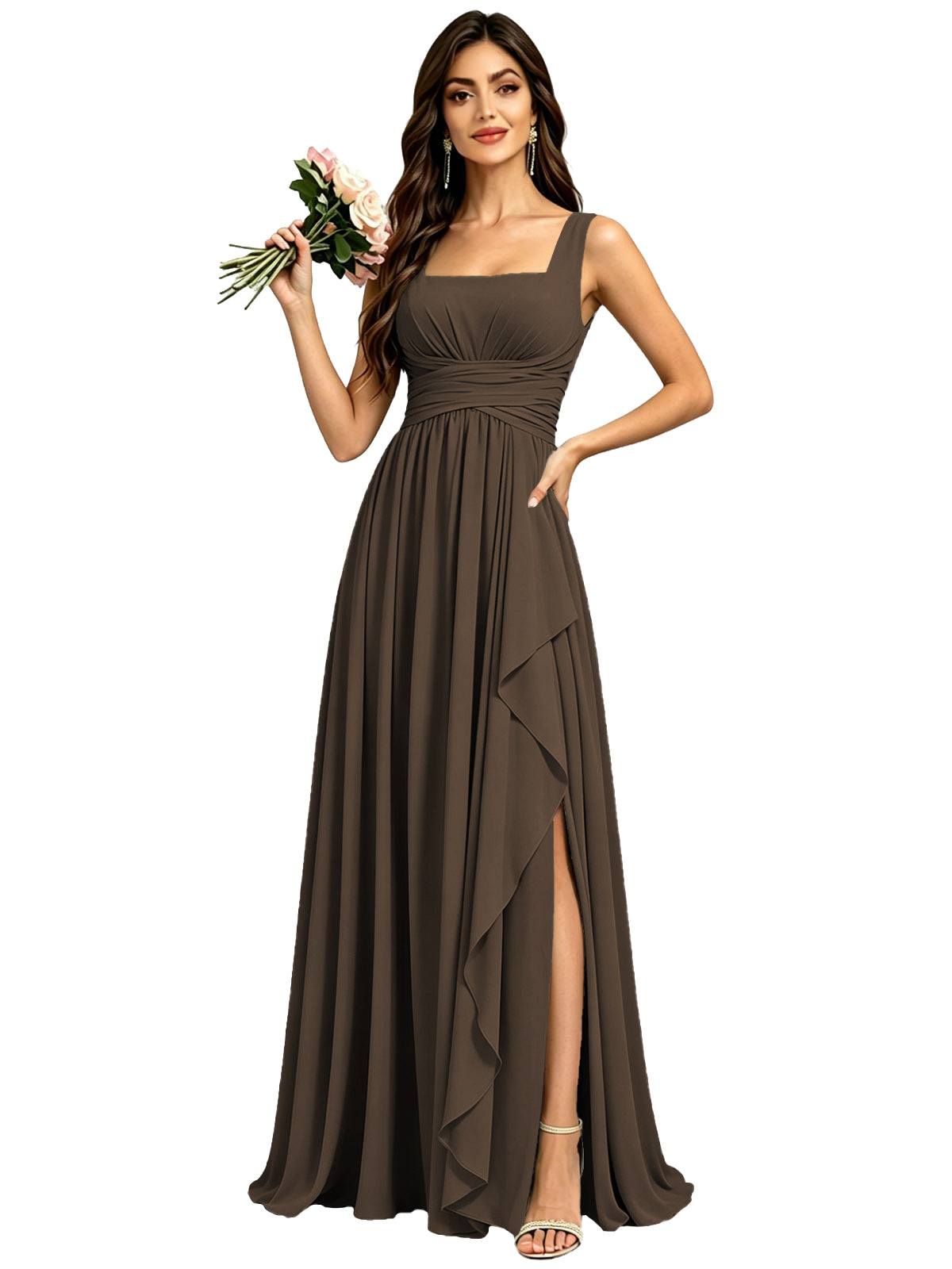 Square Neck Ruched Bridesmaid Dresses with Slit Spaghetti Strasps Ruffles  Formal Gown