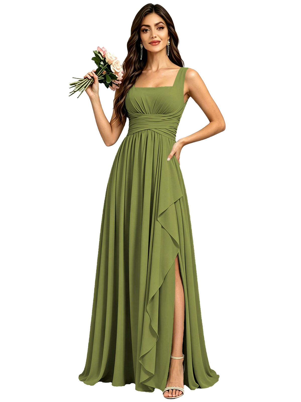 Square Neck Ruched Bridesmaid Dresses with Slit Spaghetti Strasps Ruffles  Formal Gown