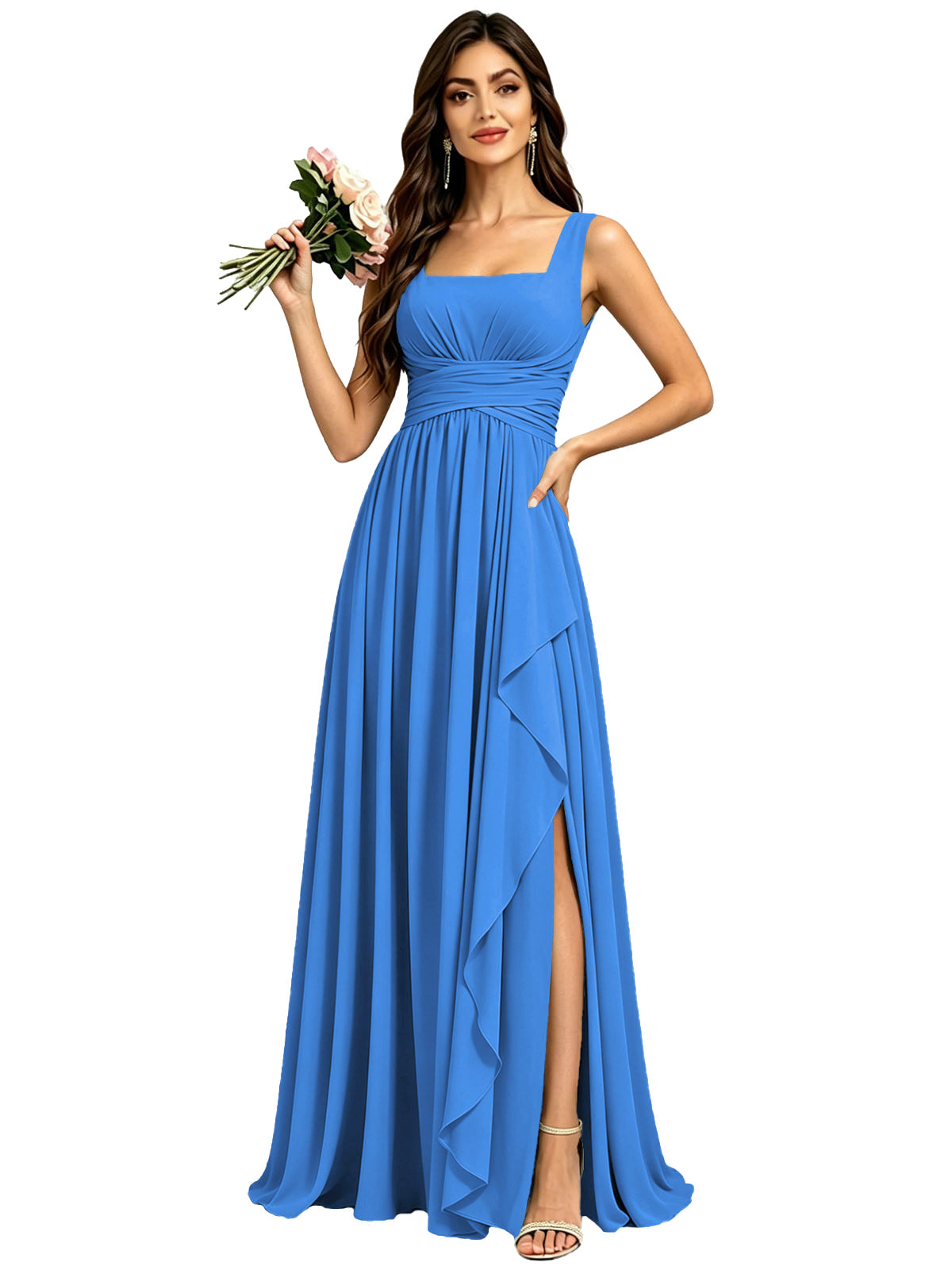 Square Neck Ruched Bridesmaid Dresses with Slit Spaghetti Strasps Ruffles  Formal Gown