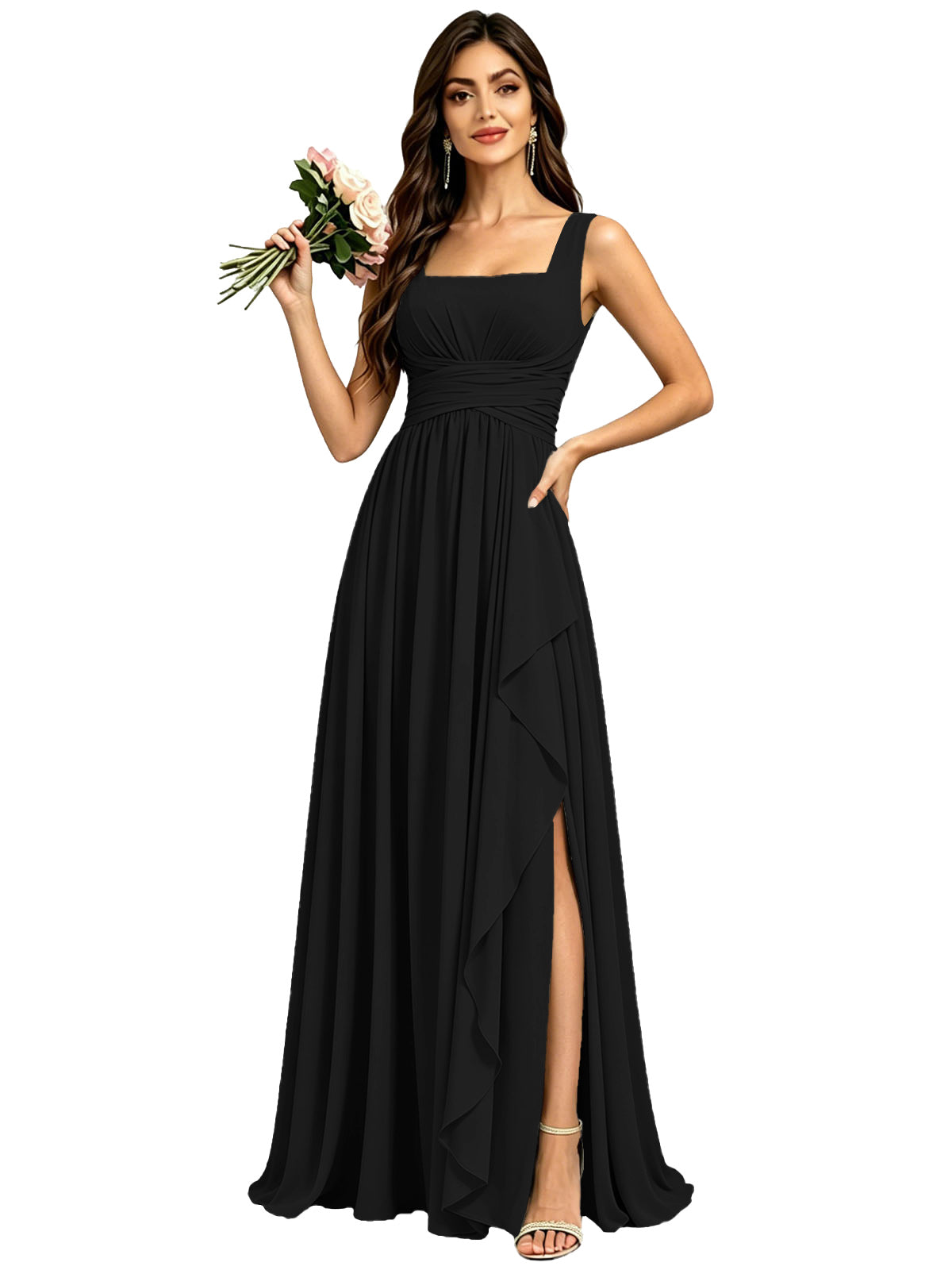 Square Neck Ruched Bridesmaid Dresses with Slit Spaghetti Strasps Ruffles  Formal Gown