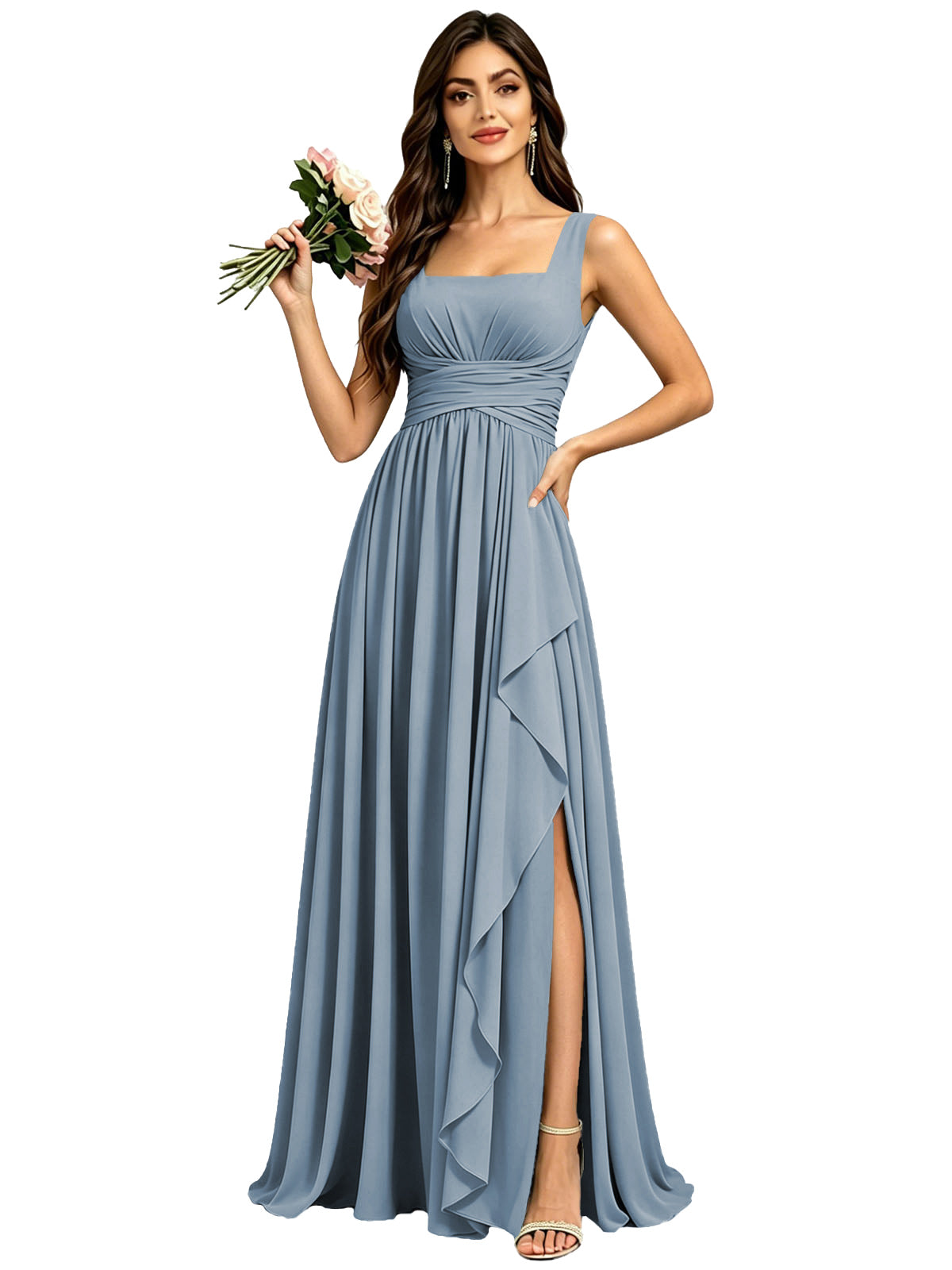 Square Neck Ruched Bridesmaid Dresses with Slit Spaghetti Strasps Ruffles  Formal Gown