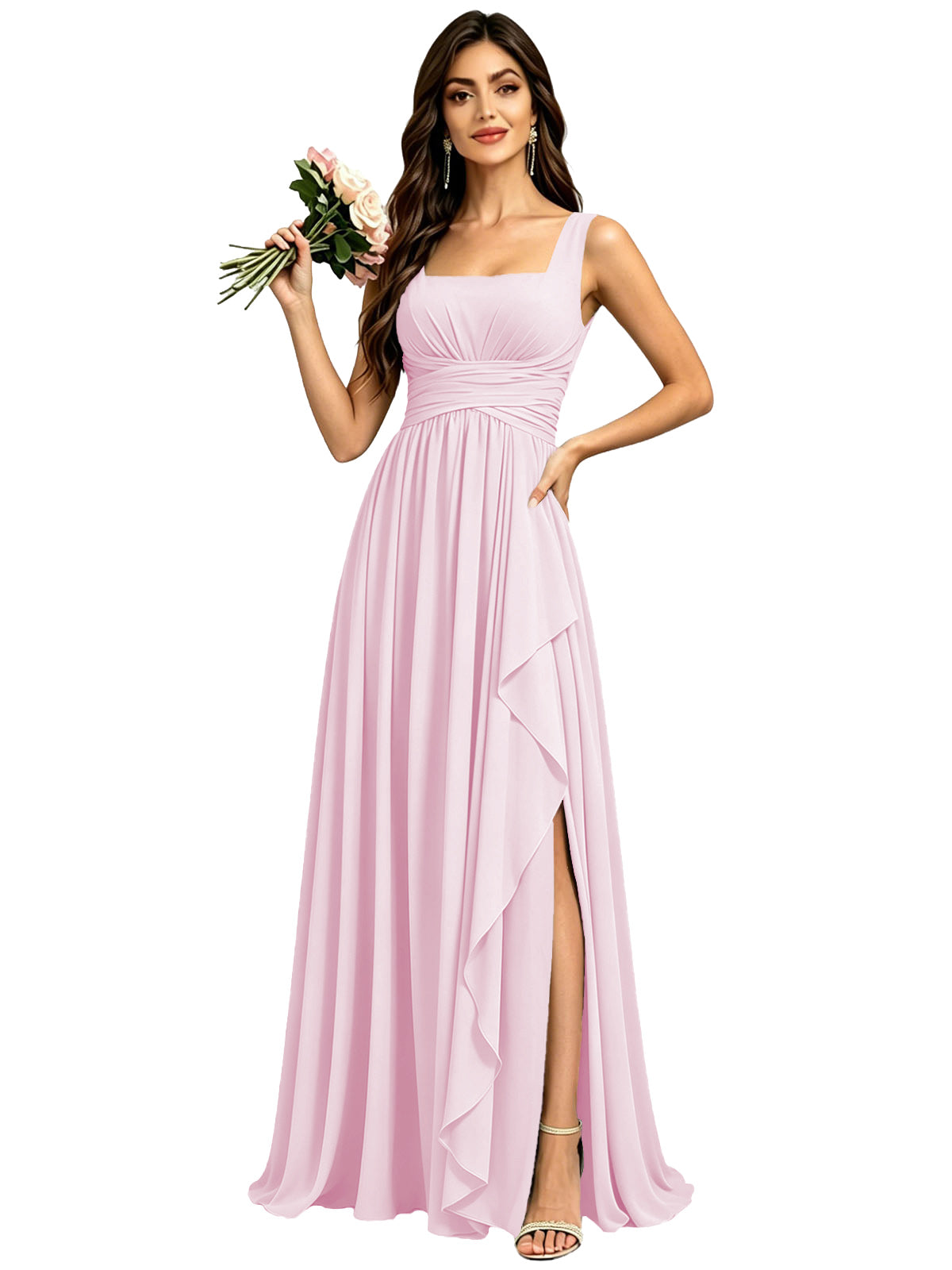 Square Neck Ruched Bridesmaid Dresses with Slit Spaghetti Strasps Ruffles  Formal Gown