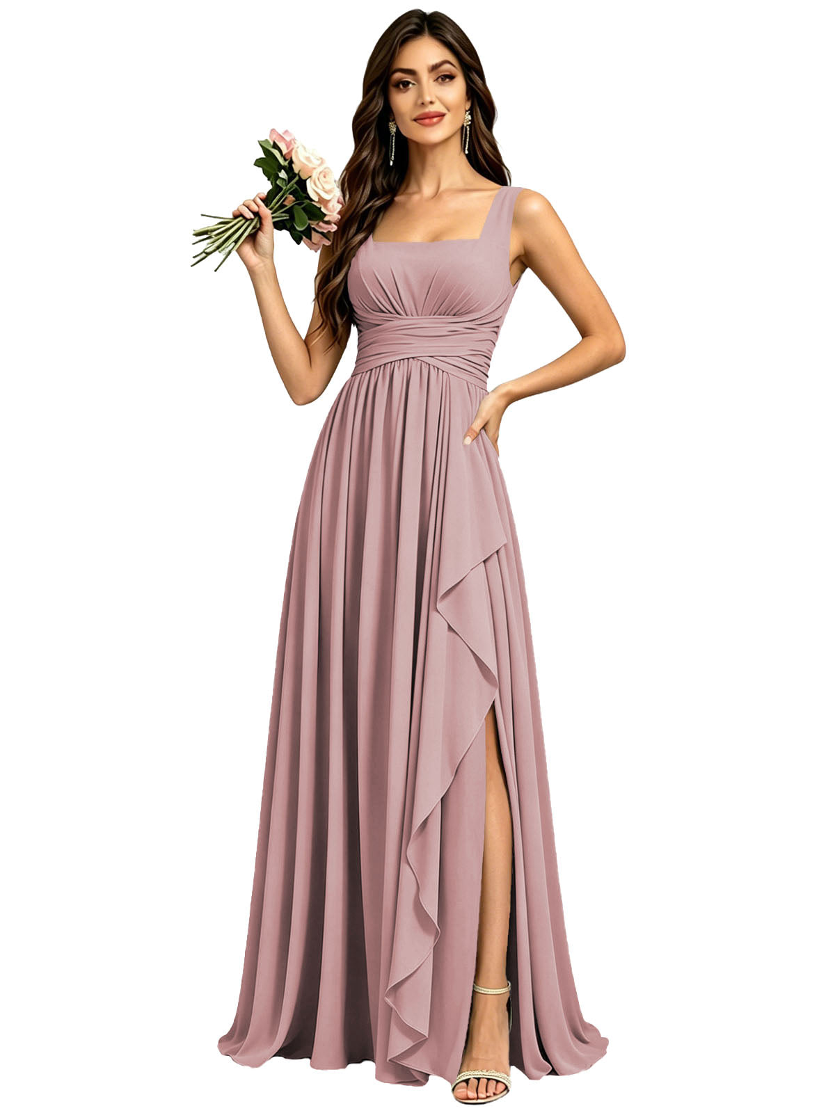 Square Neck Ruched Bridesmaid Dresses with Slit Spaghetti Strasps Ruffles  Formal Gown