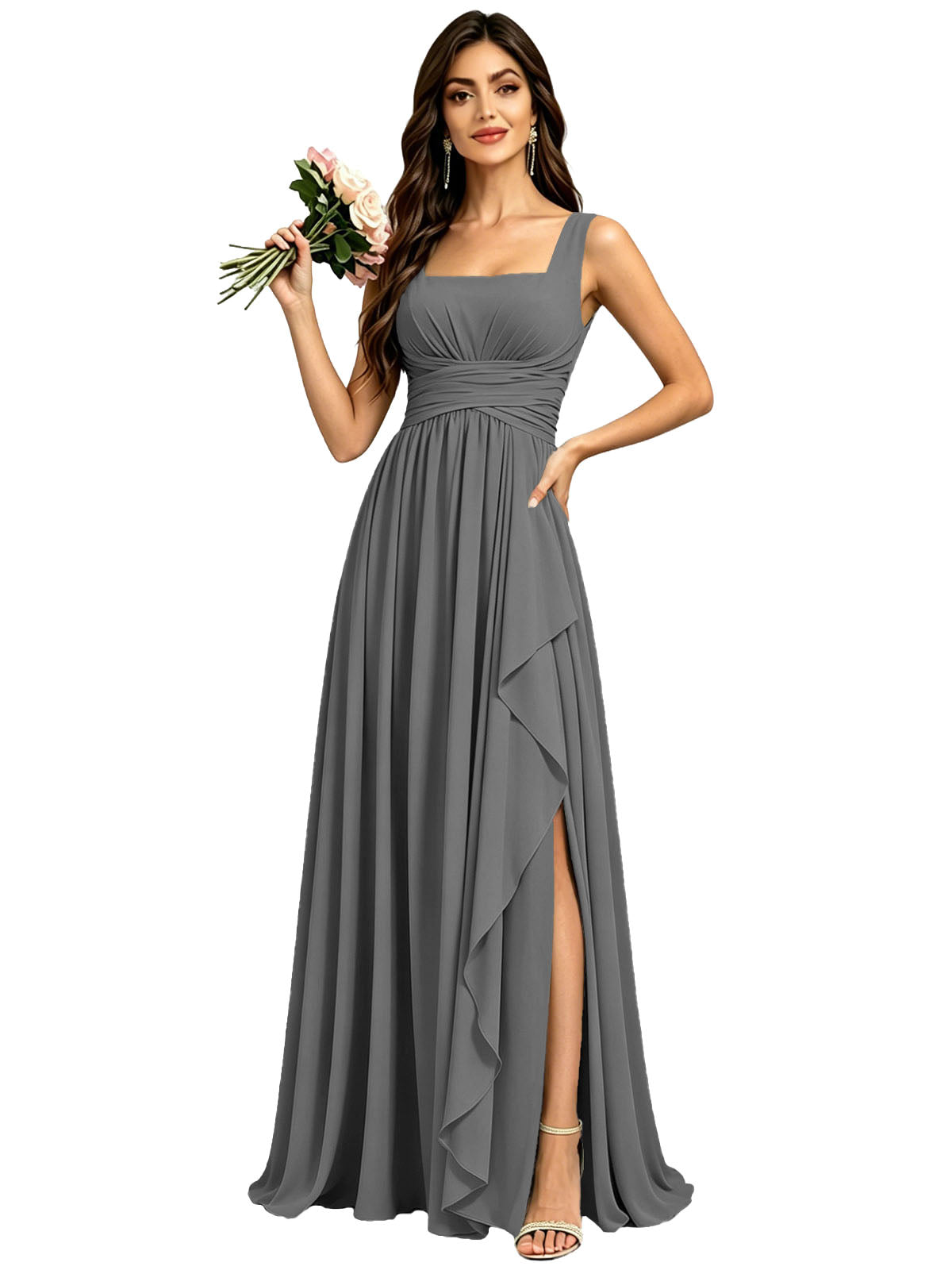 Square Neck Ruched Bridesmaid Dresses with Slit Spaghetti Strasps Ruffles  Formal Gown