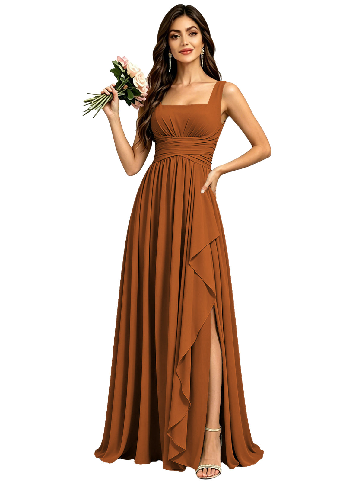 Square Neck Ruched Bridesmaid Dresses with Slit Spaghetti Strasps Ruffles  Formal Gown