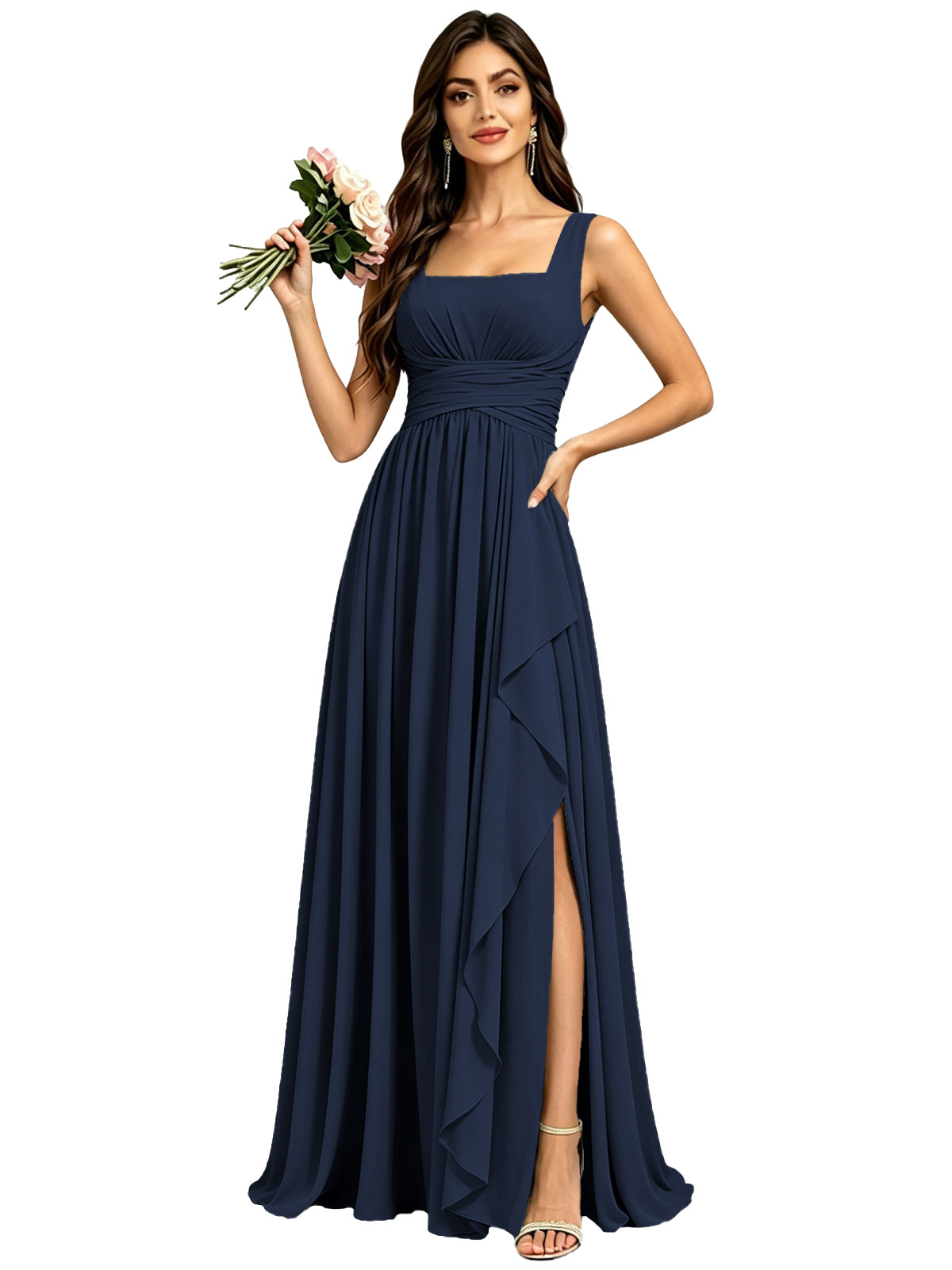 Square Neck Ruched Bridesmaid Dresses with Slit Spaghetti Strasps Ruffles  Formal Gown