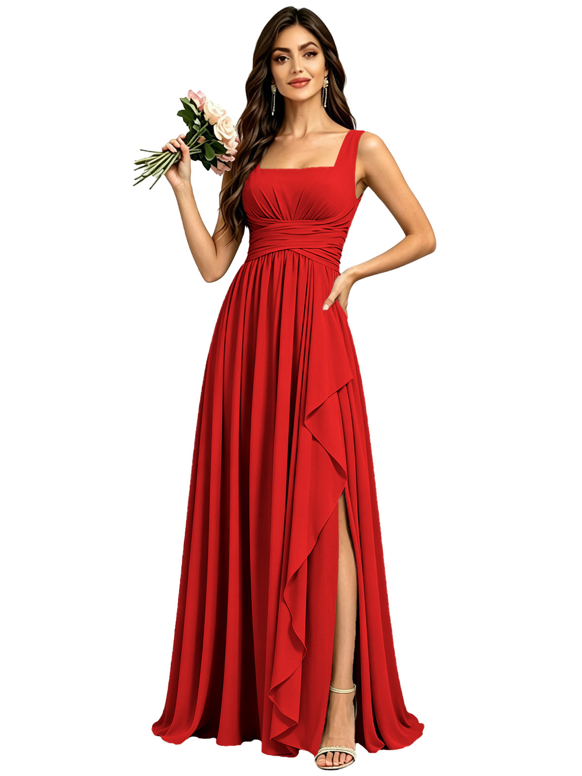 Square Neck Ruched Bridesmaid Dresses with Slit Spaghetti Strasps Ruffles  Formal Gown