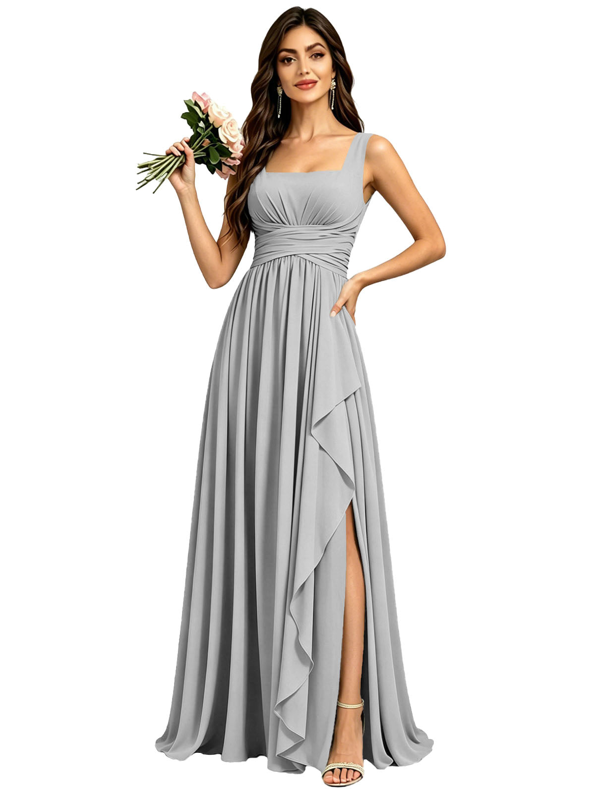 Square Neck Ruched Bridesmaid Dresses with Slit Spaghetti Strasps Ruffles  Formal Gown