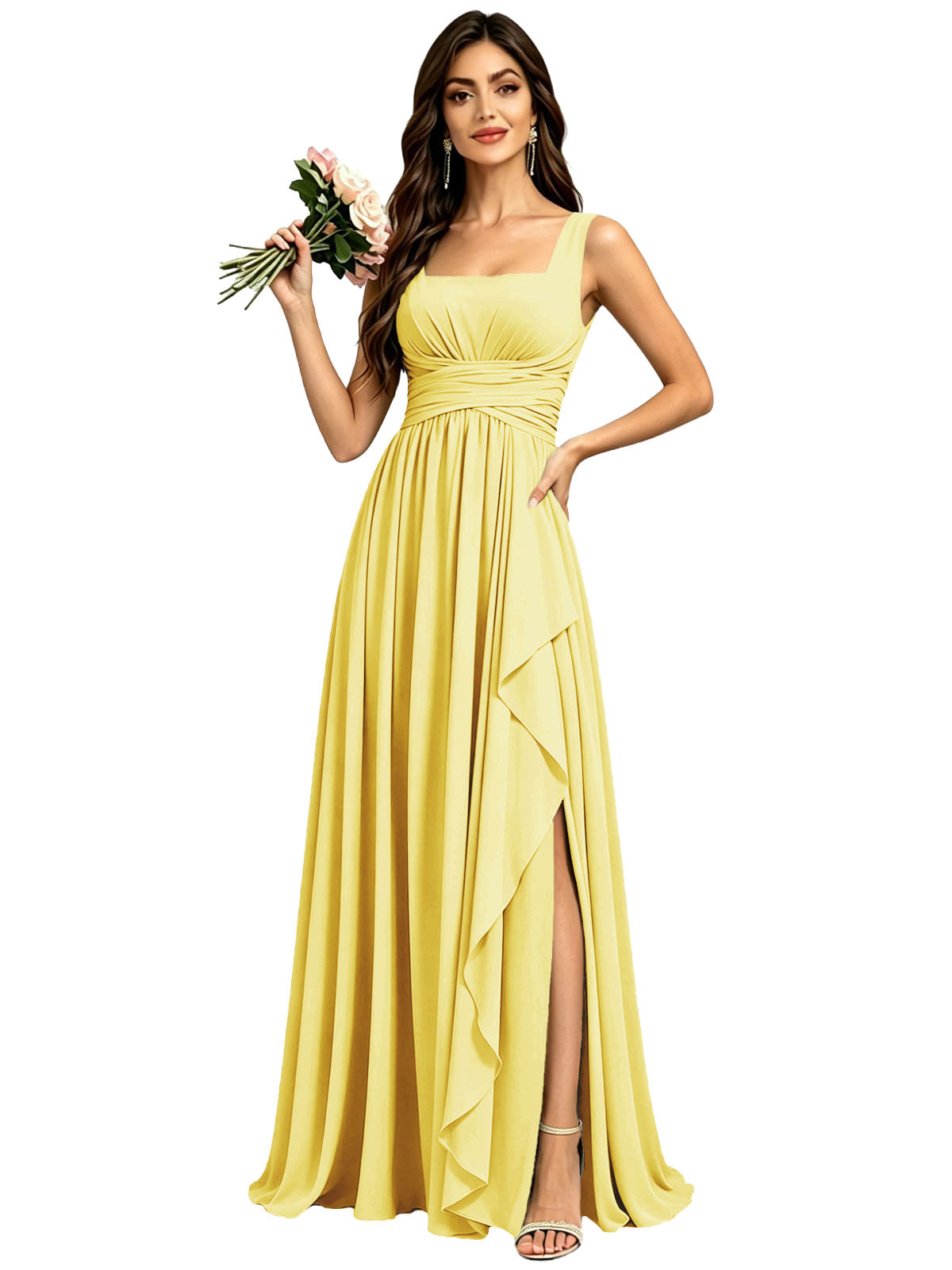 Square Neck Ruched Bridesmaid Dresses with Slit Spaghetti Strasps Ruffles  Formal Gown