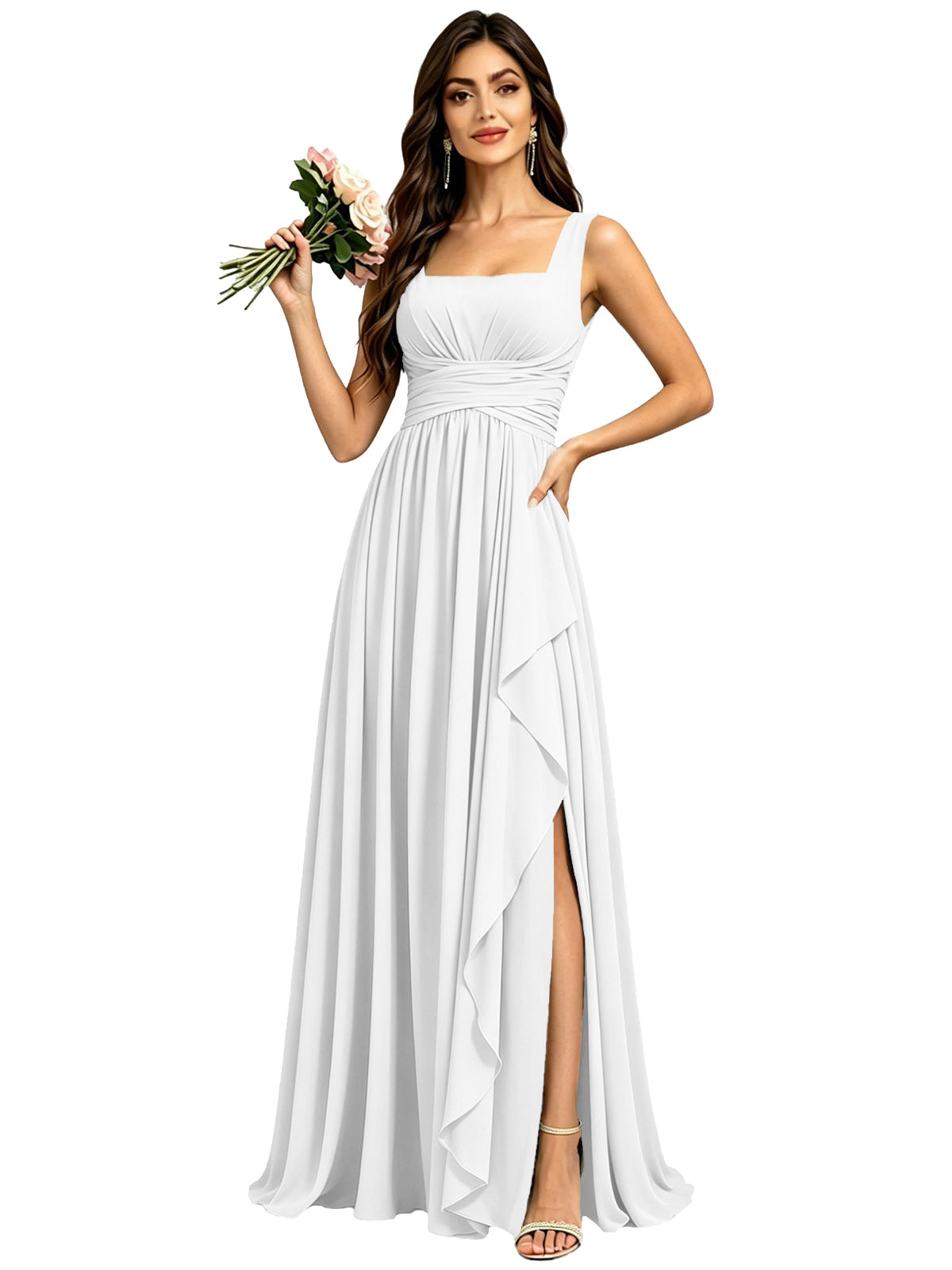 Square Neck Ruched Bridesmaid Dresses with Slit Spaghetti Strasps Ruffles  Formal Gown