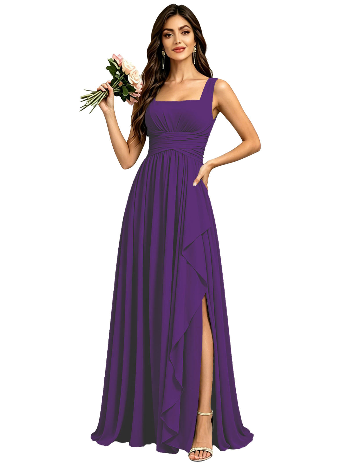 Square Neck Ruched Bridesmaid Dresses with Slit Spaghetti Strasps Ruffles  Formal Gown