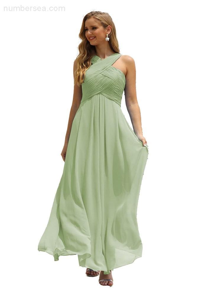 Numbersea Women Halter Chiffon Bridesmaid Dress A-line Long Formal Prom Gown SEA28015
