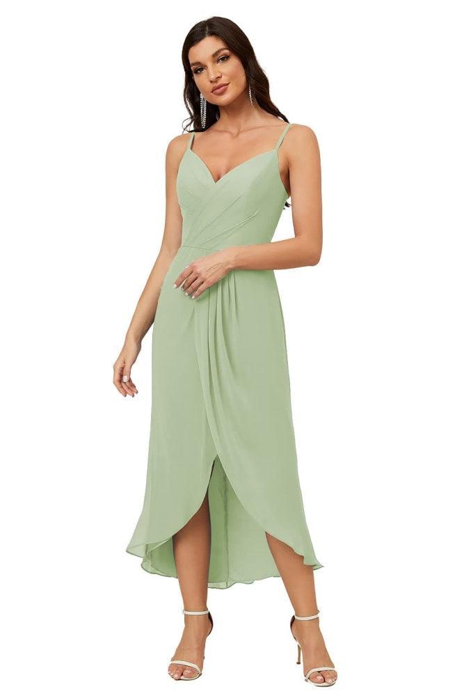 Numbersea Spaghetti Chiffon V Neck Bridesmaid Dress Mid-Length Slit Formal Prom Dress Homecoming Dress 2803