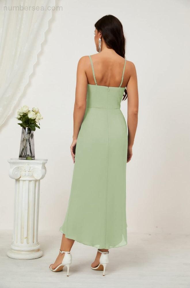 Numbersea Spaghetti Chiffon V Neck Bridesmaid Dress Mid-Length Slit Formal Prom Dress Homecoming Dress 2803