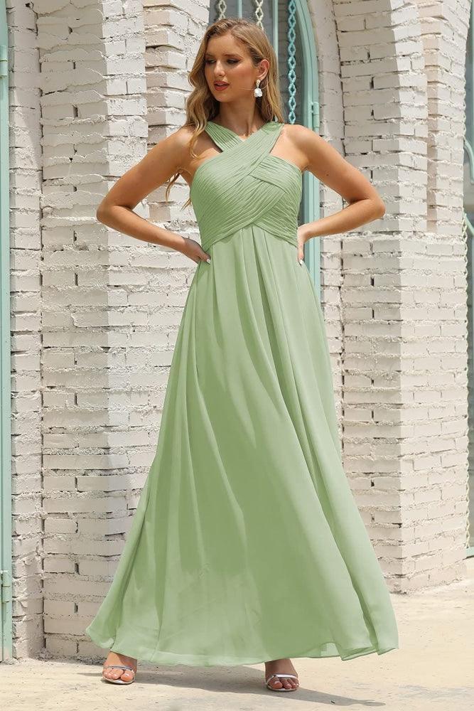 Numbersea Women Halter Chiffon Bridesmaid Dress A-line Long Formal Prom Gown SEA28015