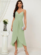 Numbersea Spaghetti Chiffon V Neck Bridesmaid Dress Mid-Length Slit Formal Prom Dress Homecoming Dress 2803
