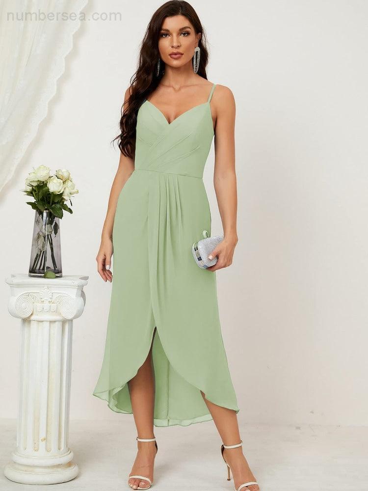 Numbersea Spaghetti Chiffon V Neck Bridesmaid Dress Mid-Length Slit Formal Prom Dress Homecoming Dress 2803