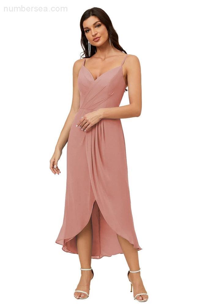 Numbersea Spaghetti Chiffon V Neck Bridesmaid Dress Mid-Length Slit Formal Prom Dress Homecoming Dress 2803