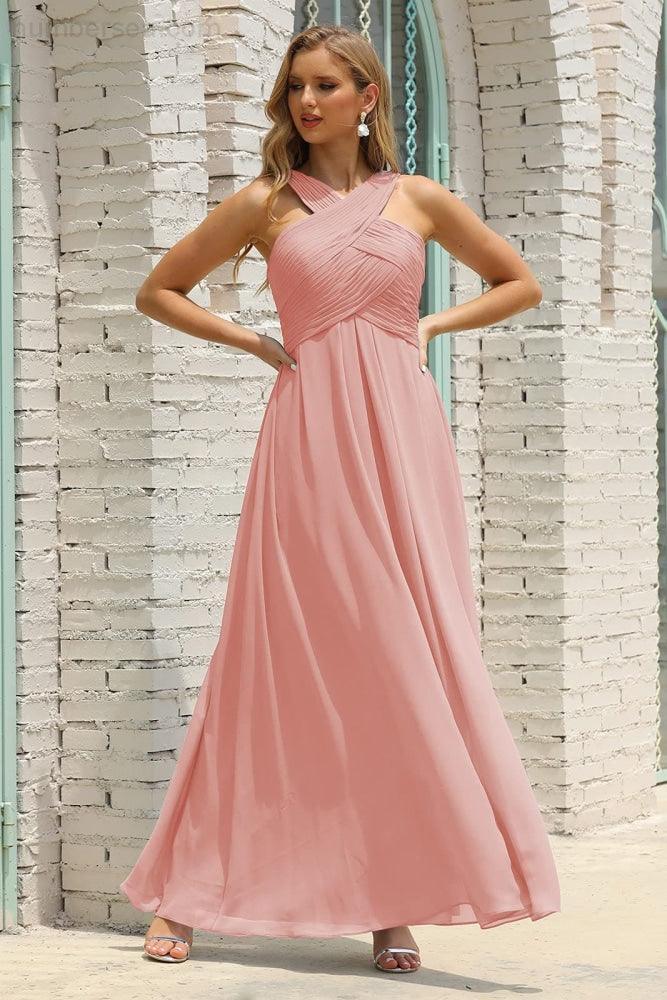 Numbersea Women Halter Chiffon Bridesmaid Dress A-line Long Formal Prom Gown SEA28015