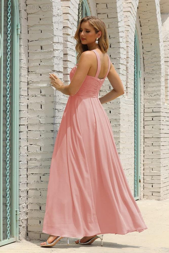 Numbersea Women Halter Chiffon Bridesmaid Dress A-line Long Formal Prom Gown SEA28015