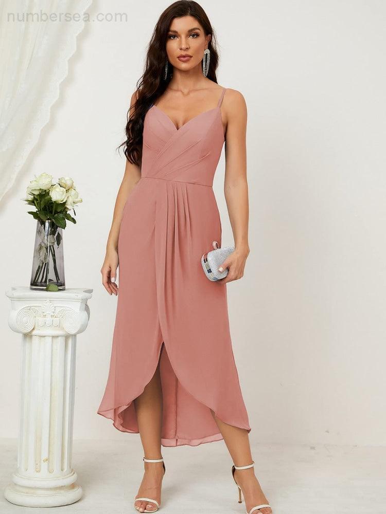 Numbersea Spaghetti Chiffon V Neck Bridesmaid Dress Mid-Length Slit Formal Prom Dress Homecoming Dress 2803