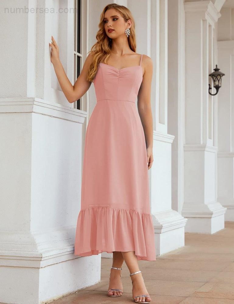 Numbersea  Spaghetti Strap Chiffon Bridesmaid Dress Ankle Length Formal A Line Cocktail Party Homecoming Dress for Juniors  SEA28028