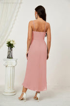 Numbersea Spaghetti Chiffon V Neck Bridesmaid Dress Mid-Length Slit Formal Prom Dress Homecoming Dress 2803